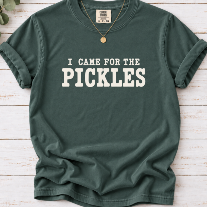 I Came For The Pickles graphic T-shirt in Blue Spruce” 