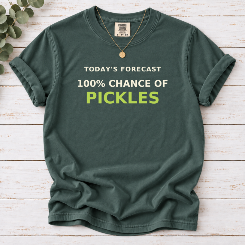 blue spruce  T-shirt with a ‘100% chance of pickles’ forecast design.