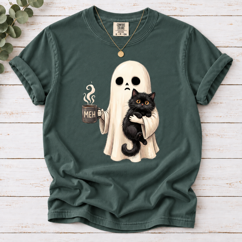 Ghost with Black Cat & Coffee Funny Halloween T-Shirt