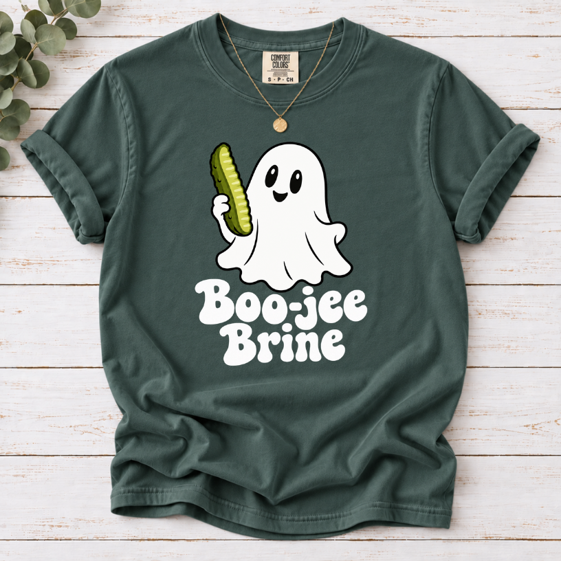 Blue Spruce Boo-jee Brine T-shirt featuring a smiling white ghost holding a green pickle above white lettering