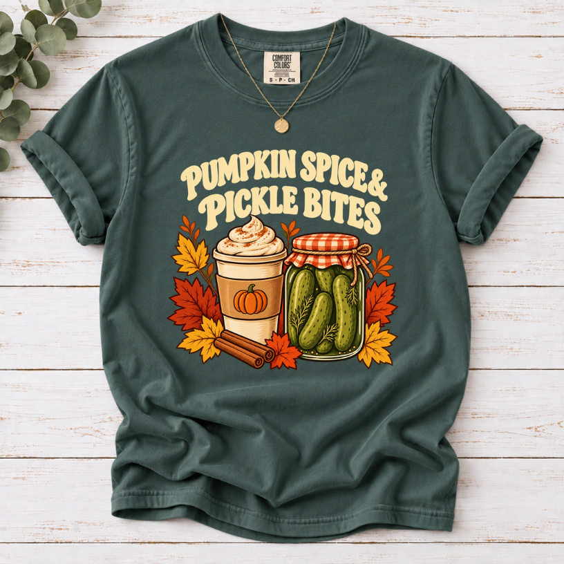 Vintage Pumpkin Spice & Pickle Bites design with dark brown lettering, a coffee cup, pickle jar, autumn leaves, and cinnamon sticks on Blue Spruce Shirt