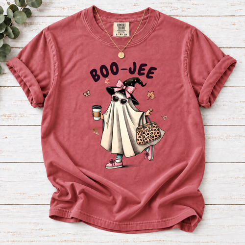 Boo-Jee Ghost T-Shirt — Cute Ghost with Coffee & Leopard Tote, Halloween Cozy Tee