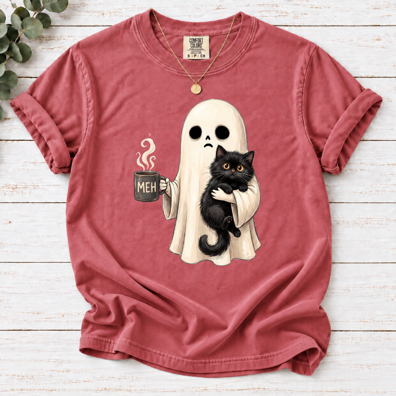 Ghost with Black Cat & Coffee Funny Halloween T-Shirt