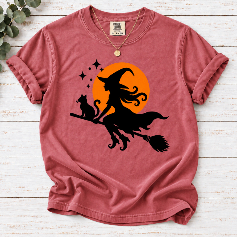 Witch & Cat Moon T-Shirt — Halloween Witch Silhouette Tee
