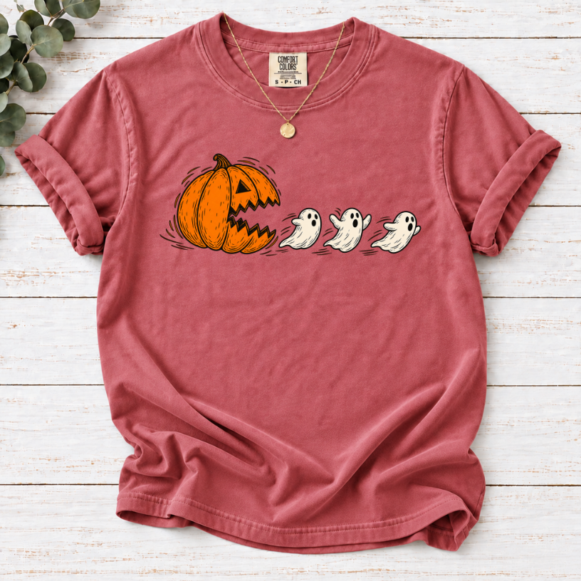 Pumpkin Chasing Ghosts Funny Halloween T-Shirt