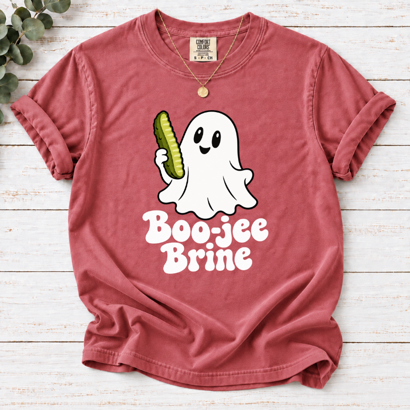 Crimson Boo-jee Brine T-shirt featuring a smiling white ghost holding a green pickle above white lettering