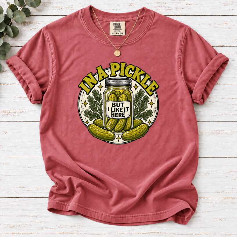 In A Pickle (But I Like It Here) T-Shirt – Vintage Pickle Jar Graphic Tee