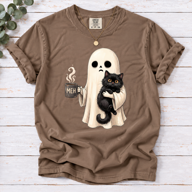 Ghost with Black Cat & Coffee Funny Halloween T-Shirt