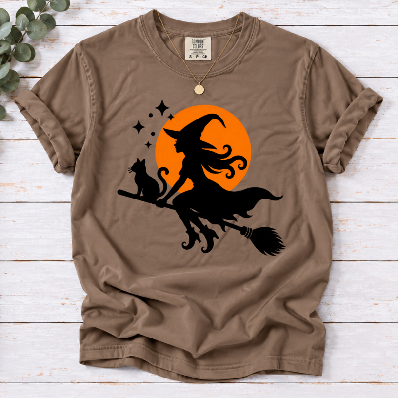 Witch & Cat Moon T-Shirt — Halloween Witch Silhouette Tee