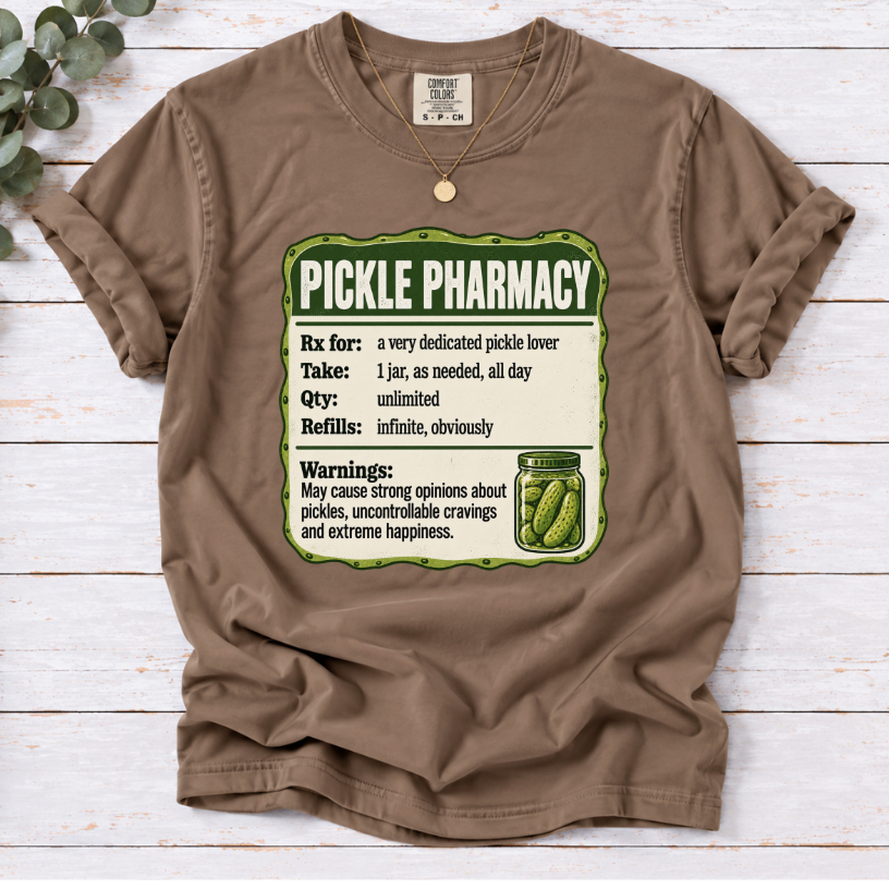 Pickle Pharmacy Prescription Label Funny T-Shirt | Pickle Lover Novelty Tee