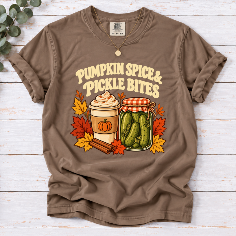 Vintage Pumpkin Spice & Pickle Bites design with dark brown lettering, a coffee cup, pickle jar, autumn leaves, and cinnamon sticks on espresso shirt