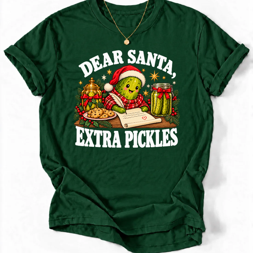 Forest Green ‘Dear Santa, Extra Pickles’ T-shirt featuring a Santa-hat pickle writing a letter beside cookies and pickles.”