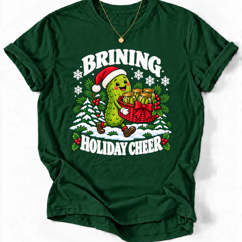 Forest Green T-shirt with “Brining Holiday Cheer” lettering and a smiling pickle wearing a Santa hat, carrying a basket of pickle jars.