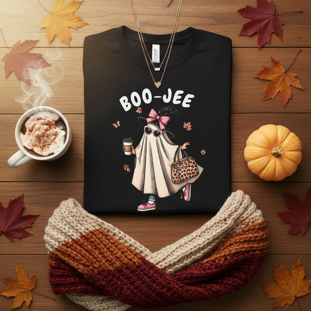 A black short-sleeve crewneck t-shirt featuring a cartoon graphic of a ghostly character wearing a white sheet, pink bow, and leopard-print tote bag, with the text 'BOO-JEE' printed above.