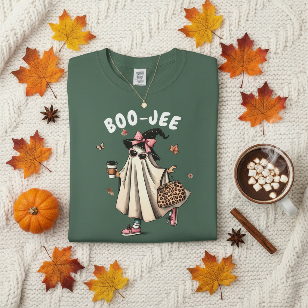 Boo-Jee Ghost T-Shirt — Cute Ghost with Coffee & Leopard Tote, Halloween Cozy Tee