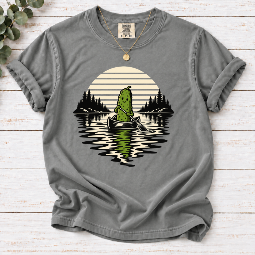 Canoeing pickle under a retro sunset on a Grey  T-shirt.