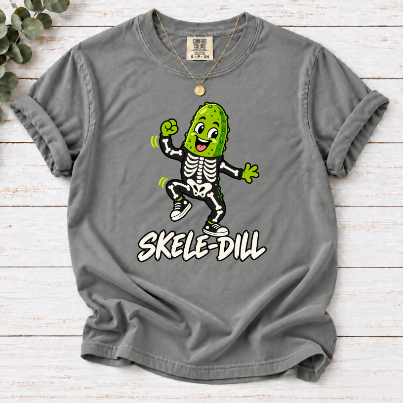Grey Skele-Dill T-shirt featuring a dancing pickle in a skeleton costume with SKELE-DILL lettering
