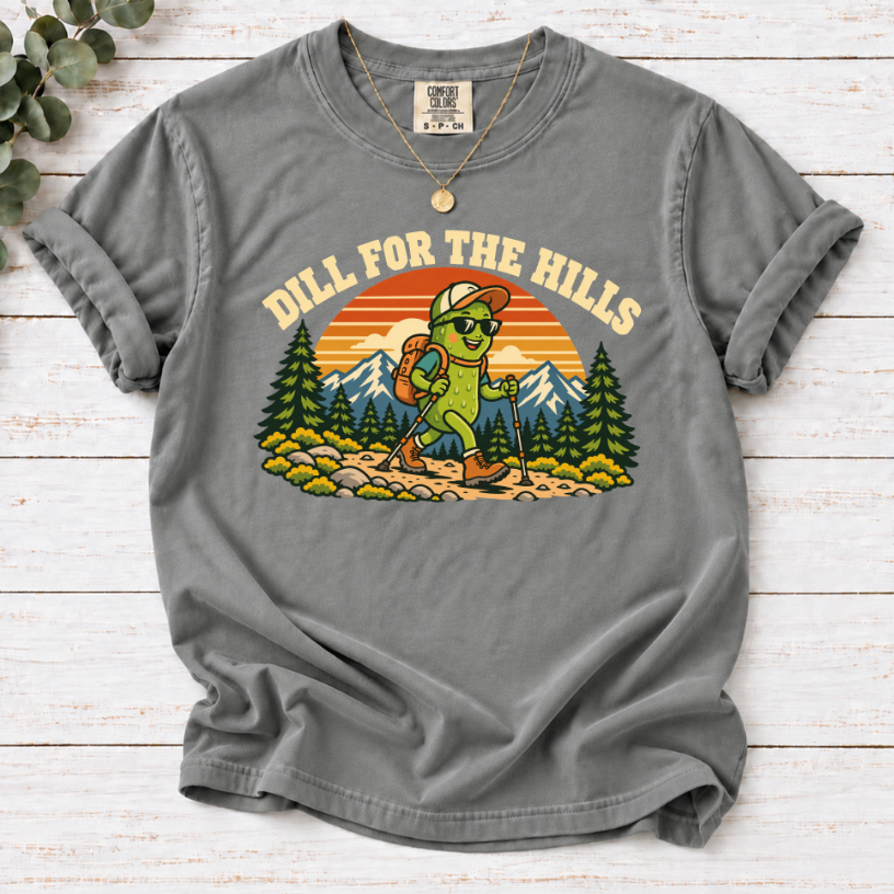 Dill for the Hills Pickle Hiking T-Shirt – Funny Outdoor Adventure Graphic Tee