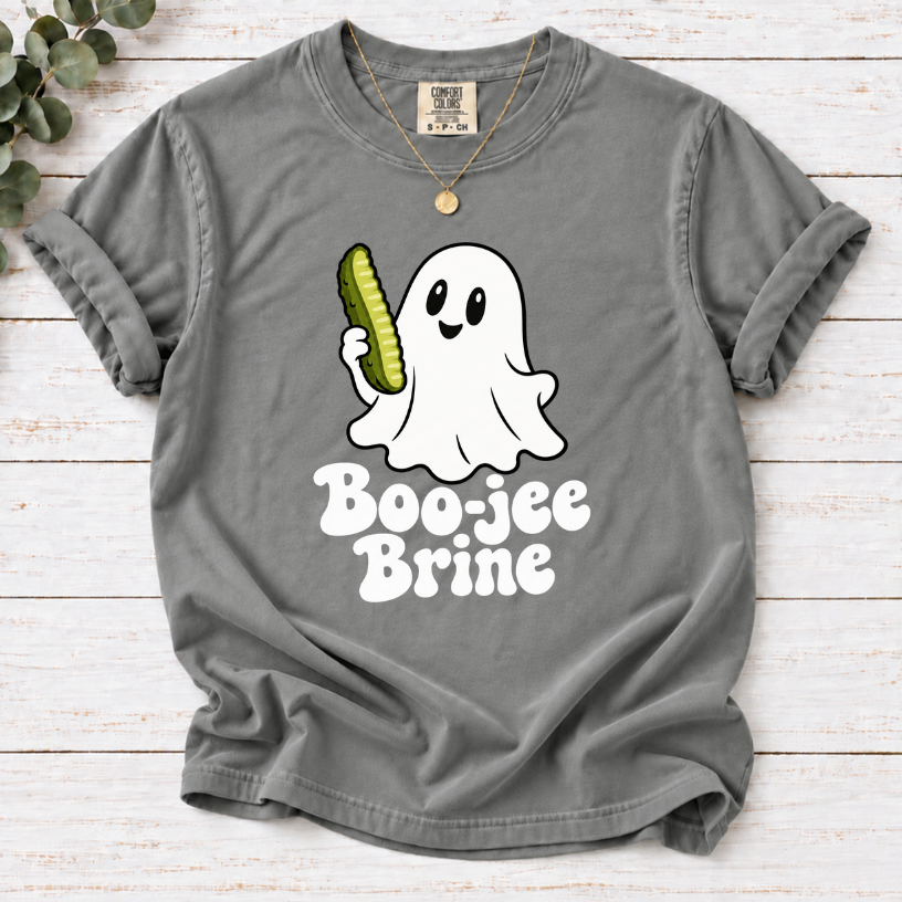 Grey Boo-jee Brine T-shirt featuring a smiling white ghost holding a green pickle above white lettering