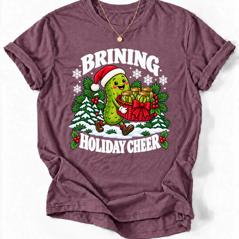 Heather Maroon T-shirt with “Brining Holiday Cheer” lettering and a smiling pickle wearing a Santa hat, carrying a basket of pickle jars.