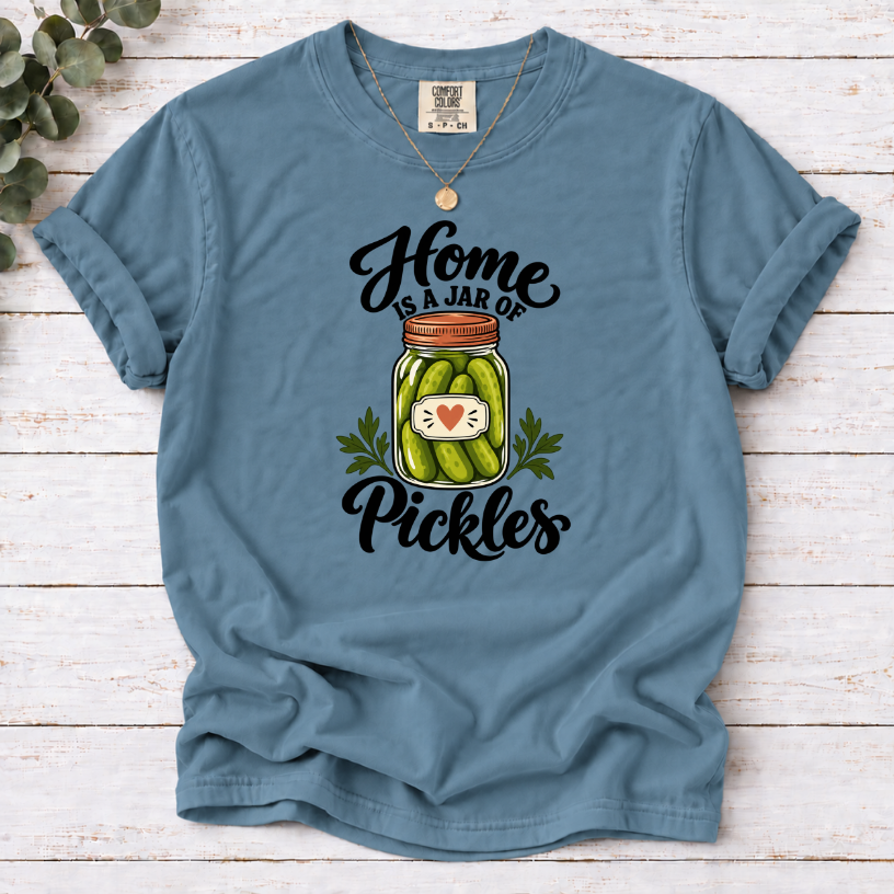 Ice Blue T-shirt with a heart-labeled pickle jar graphic and black ‘Home Is a Jar of Pickles’ lettering
