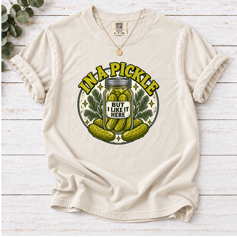 In A Pickle (But I Like It Here) T-Shirt – Vintage Pickle Jar Graphic Tee
