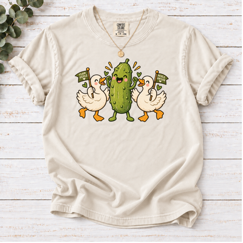 Team Pickle Graphic T-Shirt | Cute Pickle Mascot & Duck Fan Club Tee