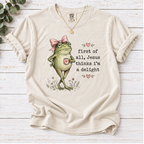 Christian Frog Funny Graphic Tee — "First of All, Jesus Thinks I'm a Delight" Coffee T-Shirt