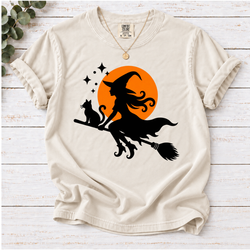 Witch & Cat Moon T-Shirt — Halloween Witch Silhouette Tee