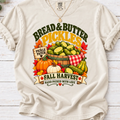 Ivory Bread & Butter Pickles Fall Harvest T-shirt with a basket of pickles, pumpkins, gourds and autumn leaves.