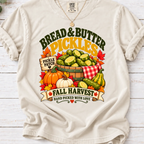 Ivory Bread & Butter Pickles Fall Harvest T-shirt with a basket of pickles, pumpkins, gourds and autumn leaves.