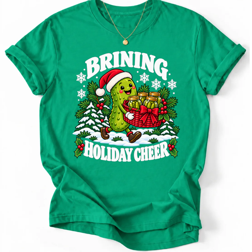Kelly Green T-shirt with “Brining Holiday Cheer” lettering and a smiling pickle wearing a Santa hat, carrying a basket of pickle jars.