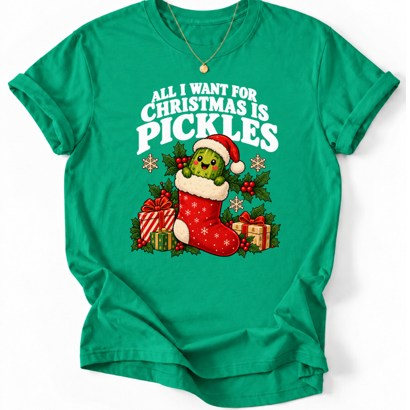 Kelly Green T-shirt with ‘All I Want for Christmas Is Pickles’ and a Santa-hat pickle in a red stocking.