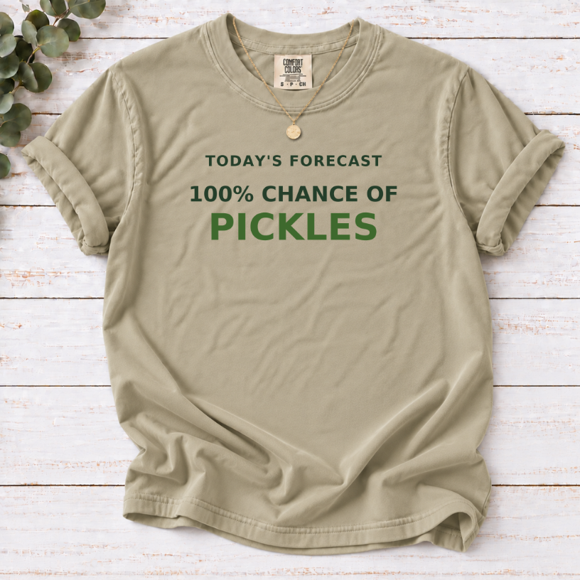 khaki  T-shirt with a ‘100% chance of pickles’ forecast design.