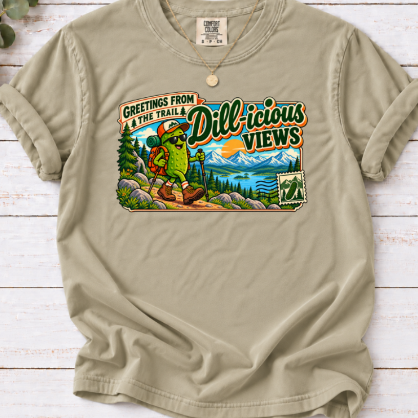 Dill-icious Views Pickle Hiking T-Shirt – Funny Outdoor Adventure Tee