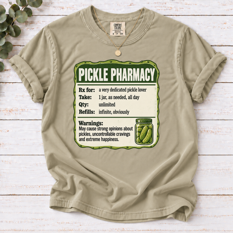 Pickle Pharmacy Prescription Label Funny T-Shirt | Pickle Lover Novelty Tee