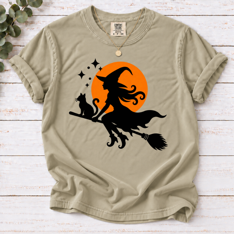 Witch & Cat Moon T-Shirt — Halloween Witch Silhouette Tee