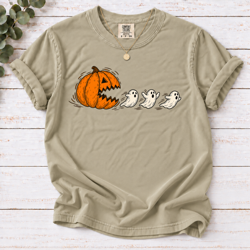 Pumpkin Chasing Ghosts Funny Halloween T-Shirt