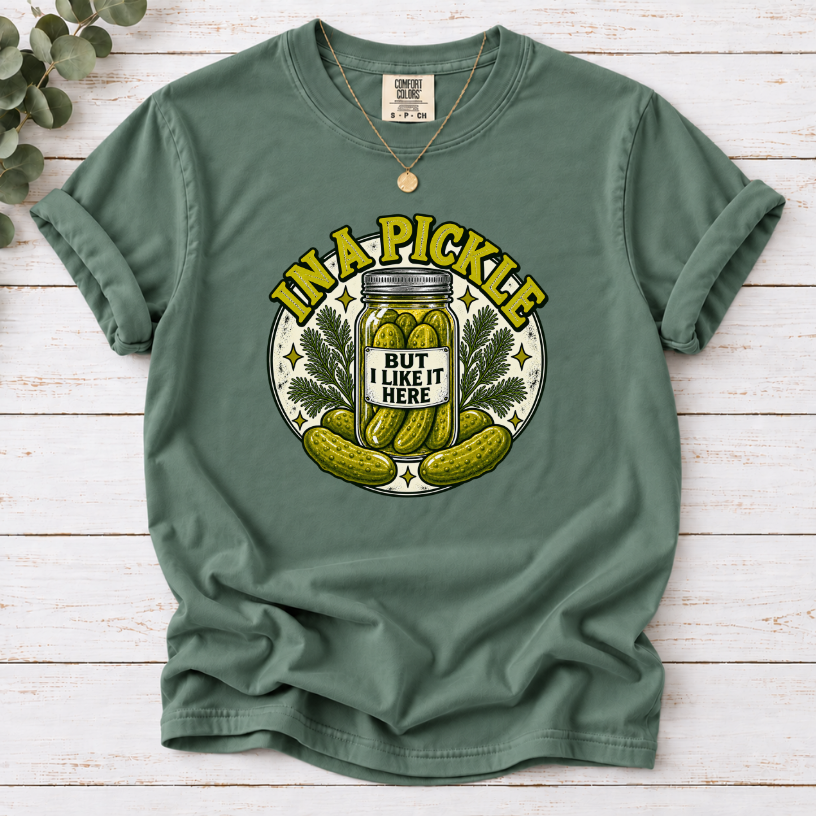 In A Pickle (But I Like It Here) T-Shirt – Vintage Pickle Jar Graphic Tee