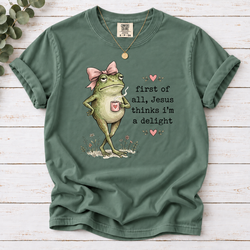 Christian Frog Funny Graphic Tee — "First of All, Jesus Thinks I'm a Delight" Coffee T-Shirt