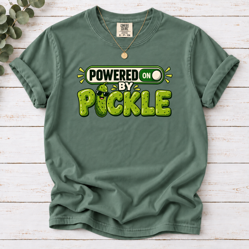 Powered by Pickles T-Shirt – Funny Pickle Lover Graphic Tee