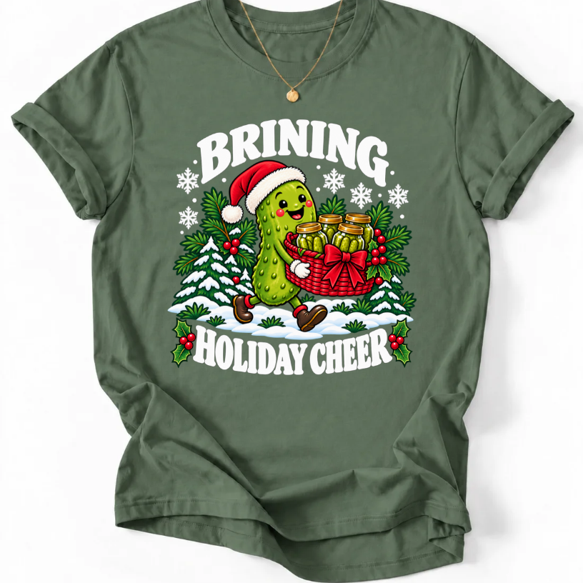 Military Green T-shirt with “Brining Holiday Cheer” lettering and a smiling pickle wearing a Santa hat, carrying a basket of pickle jars.