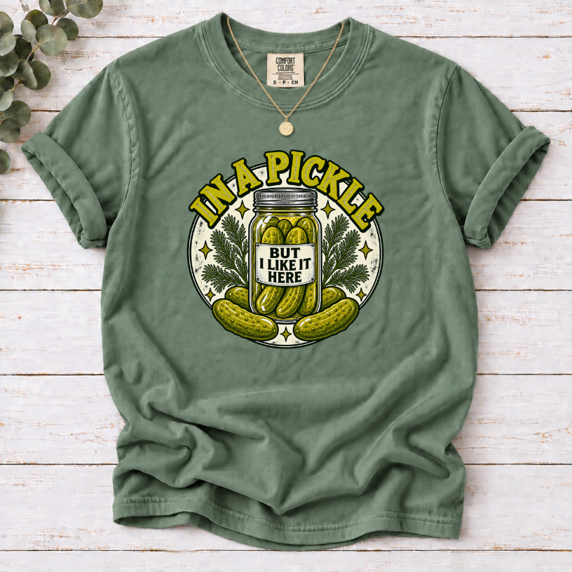 In A Pickle (But I Like It Here) T-Shirt – Vintage Pickle Jar Graphic Tee