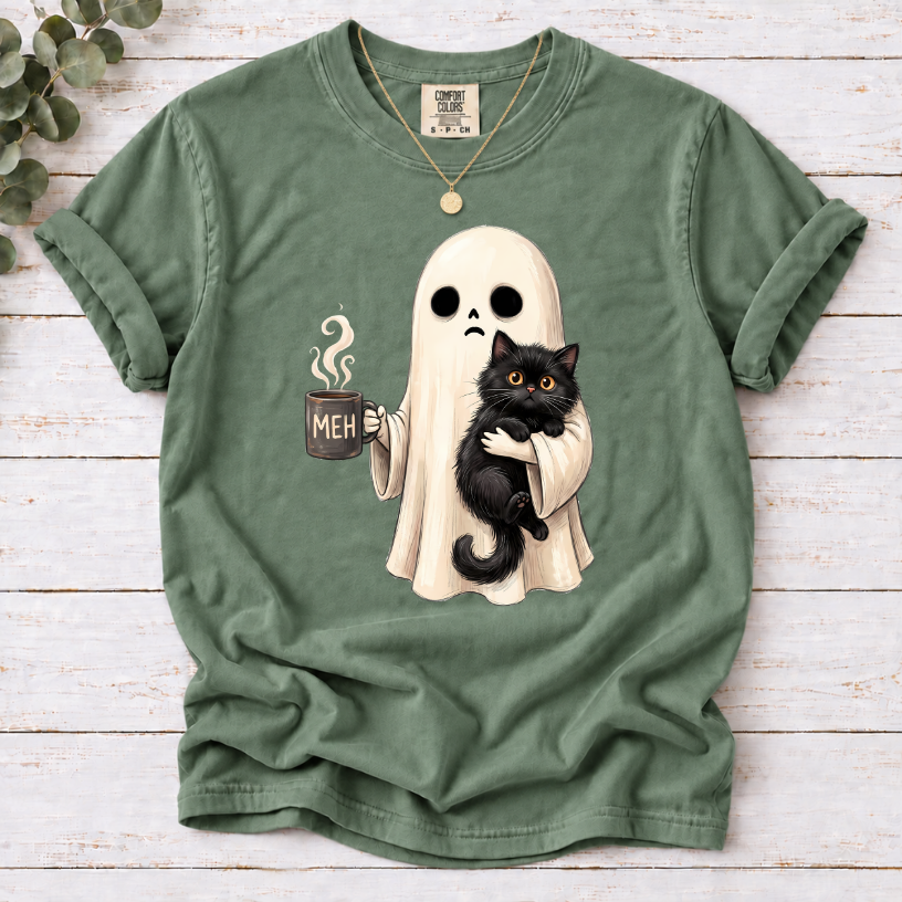 Ghost with Black Cat & Coffee Funny Halloween T-Shirt
