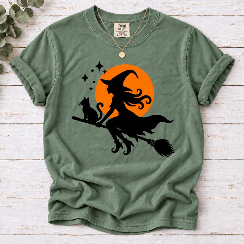 Witch & Cat Moon T-Shirt — Halloween Witch Silhouette Tee