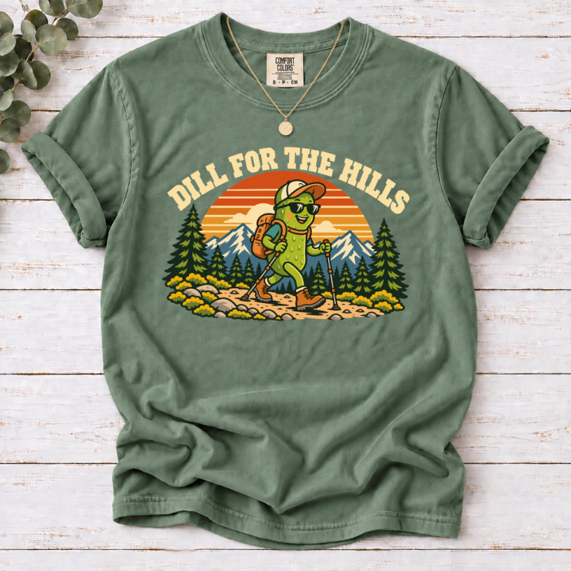 Dill for the Hills Pickle Hiking T-Shirt – Funny Outdoor Adventure Graphic Tee