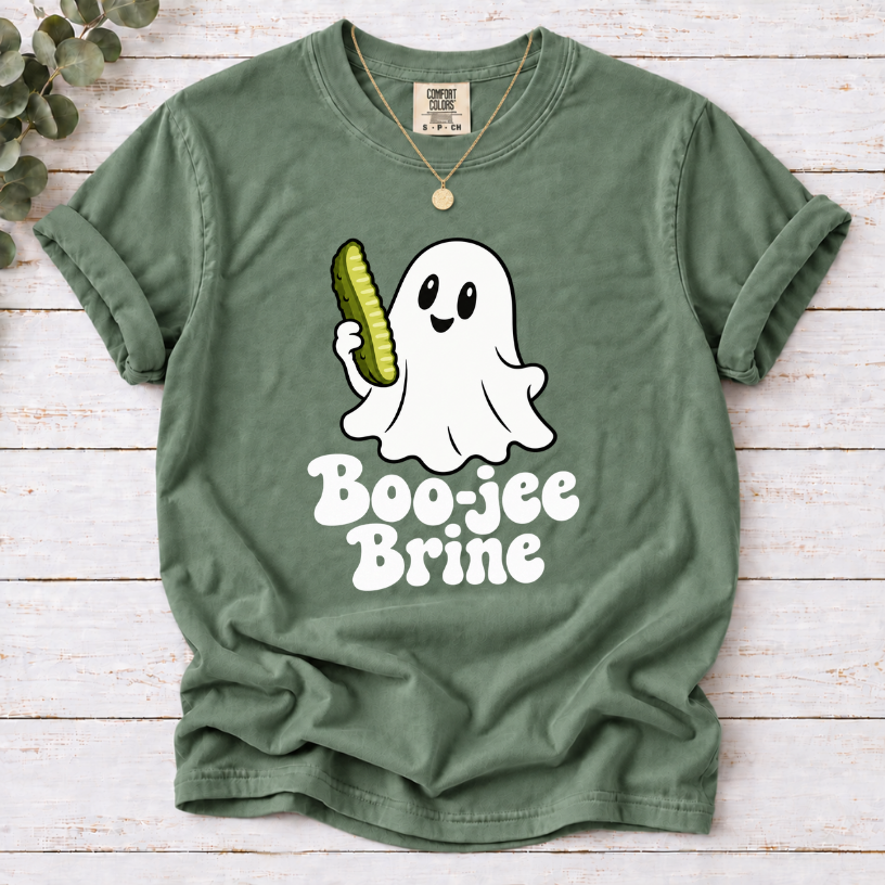 Moss  Boo-jee Brine T-shirt featuring a smiling white ghost holding a green pickle above white lettering