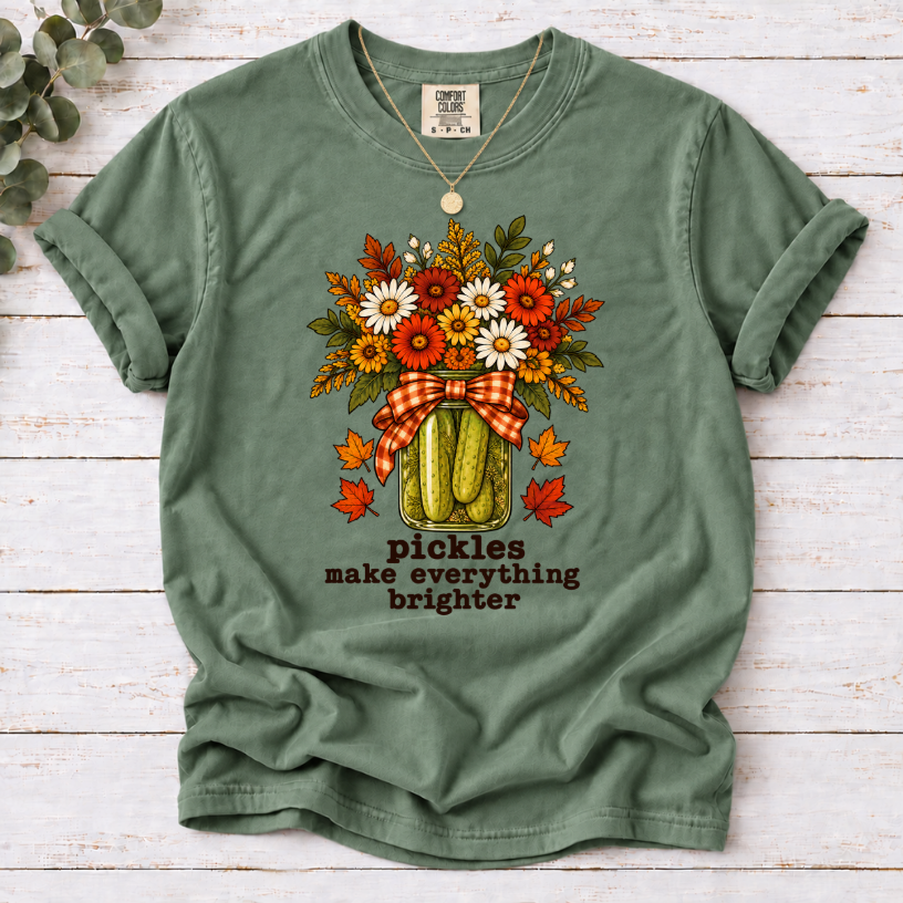 Moss tee with pickle jar flower bouquet, gingham bow and the text “pickles make everything brighter”
