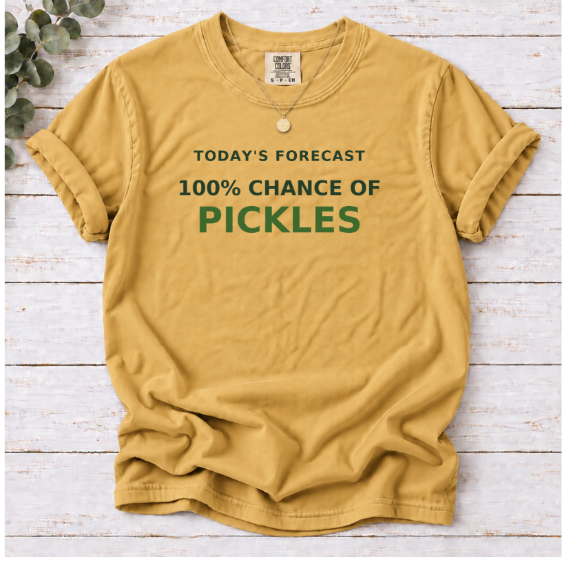 mustard  T-shirt with a ‘100% chance of pickles’ forecast design.