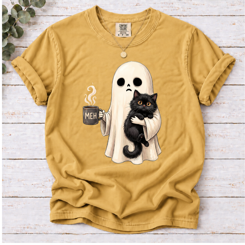 Ghost with Black Cat & Coffee Funny Halloween T-Shirt